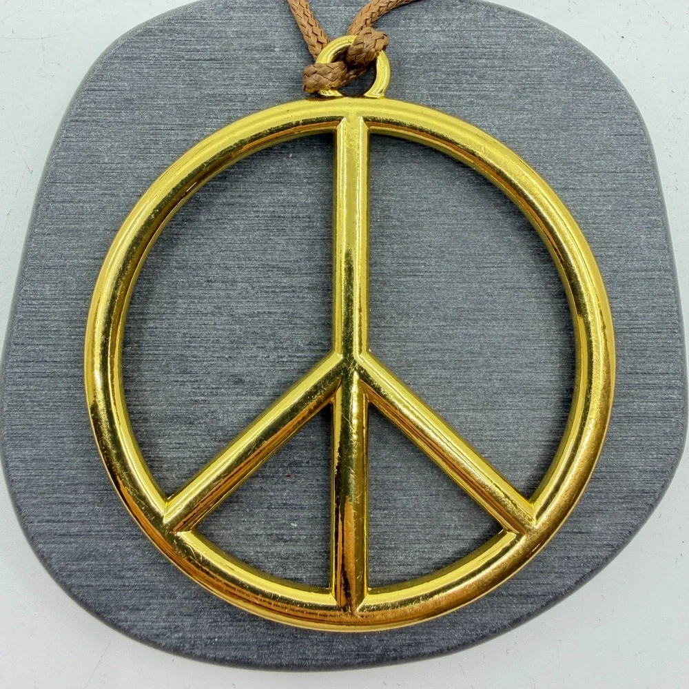 Gold Tone Peace Sign Pendant Necklace Brown Cord Boho Hippie Statement Gift